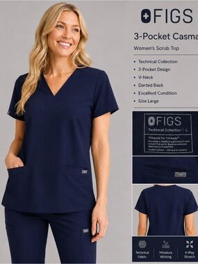 FIGS 3-Pocket Casma Women’s Navy Blue Scrub Top Size Large Technical Collection